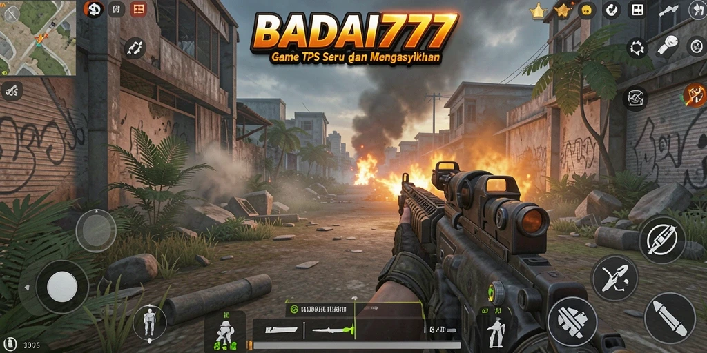Screenshot utama BADAI777 menampilkan aksi pertempuran seru dalam gameplay TPS.