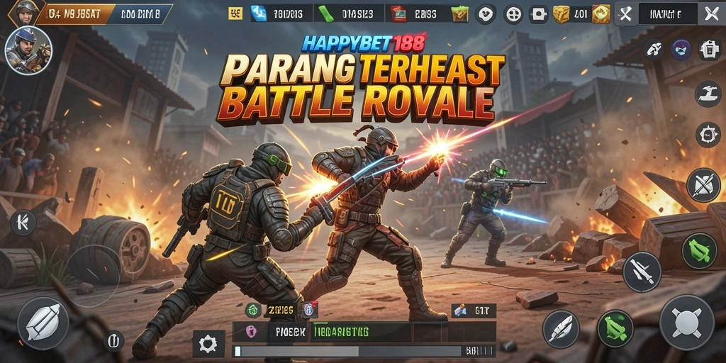 Tampilan gameplay mendebarkan dari HAPPYBET188 dalam pertempuran Battle Royale.