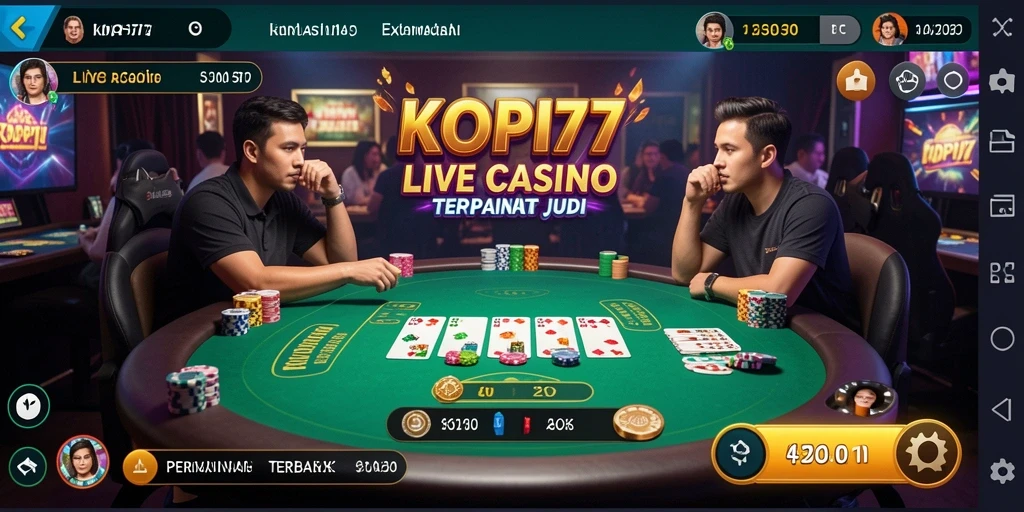 Screenshot gameplay KOPI77 menunjukkan dealer dan interaksi pemain dalam Live Casino.