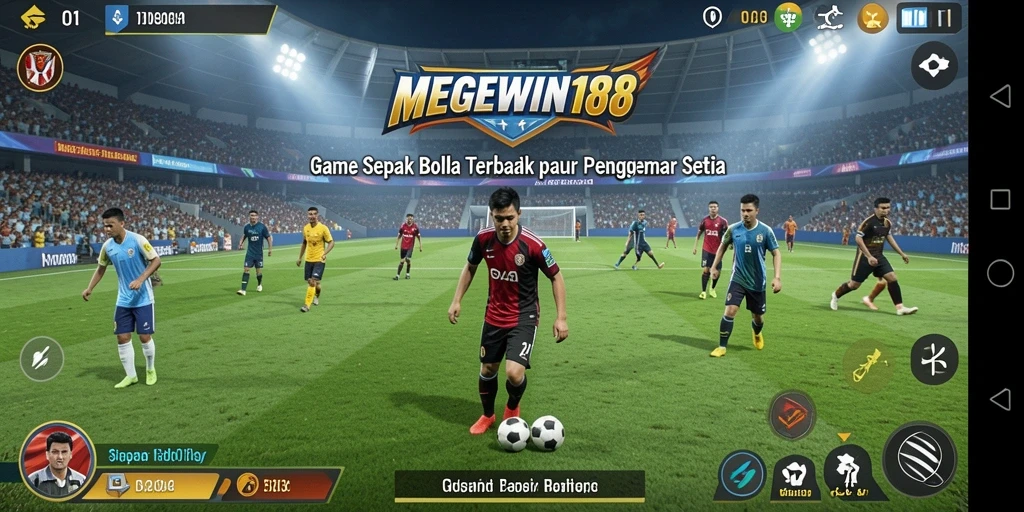 Tampilan utama gameplay MEGEWIN188 dengan aksi pertandingan sepak bola.