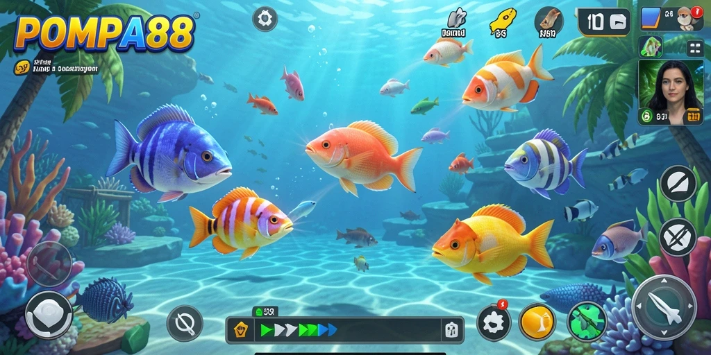 Screenshot utama POMPA88 menampilkan aksi menembak ikan yang seru.