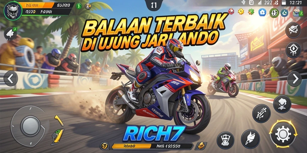 Screenshot gameplay RICH7 yang menunjukkan aksi balapan motor yang mendebarkan.